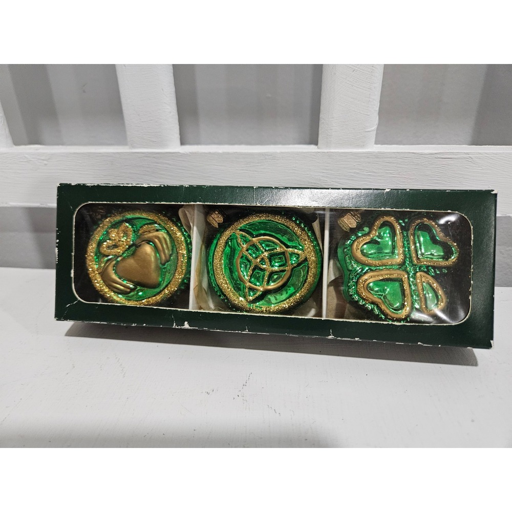 Irish Claddagh, Celtics Knot & Shamrock Glass Ornament Set, Made in Poland